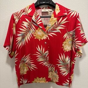 Banana Bay Resort Wear Red & Tan Palm Frond Silk Hawaiian Shirt NWT XL